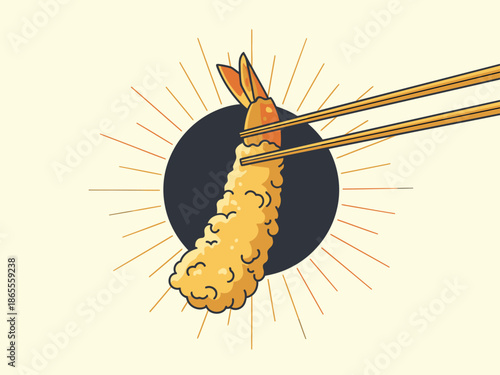 Golden-crusted tempura shrimp presented with chopsticks. A striking graphic illustration with a dark circle backdrop and radiating lines. Perfect for food, restaurant, or culinary themes.