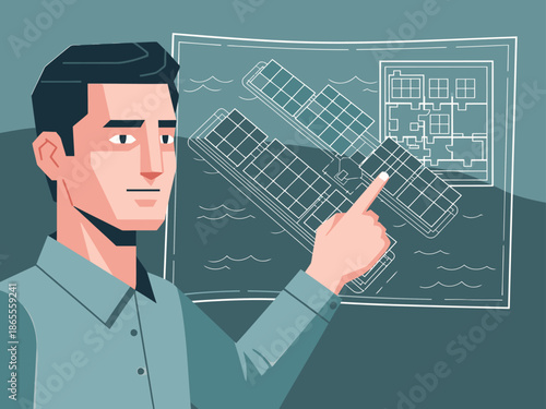 A professional man points at a building plan, showcasing a future construction project. Modern illustration style, conveying innovation and design.