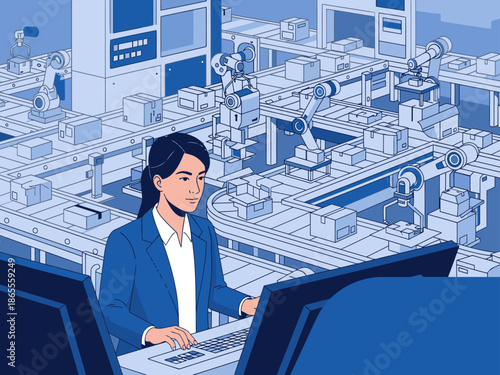 A professional woman monitors a robotic assembly line, overseeing operations with a computer. Modern factory setting, dynamic and visually engaging.