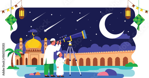 Detailed Ramadan moon sighting illustration with father and son using a telescope near a golden dome mosque background.