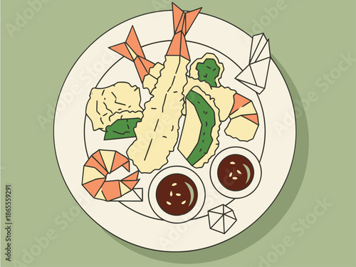 A stylish paper-thin batter tempura plate with shrimp and vegetables. Clean, modern illustration with bold lines and a pastel background. Perfect for food, restaurant, or culinary themes.