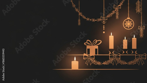 Golden christmas decorations with candles and gift on a mantle, festive holiday ambiance with warm lighting and elegant ornaments
