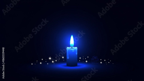 Glowing blue candle with flame and sparks on dark background, symbolizing hope and serenity at night