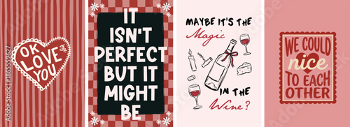 Valentine typography prints of 4, romantic love quotes and playful illustrations. Retro pink vector wall art set for modern decor