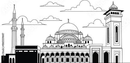 Islamic architectural mosque complex vector illustration with domes minarets and Kaaba silhouette in clean black line art.