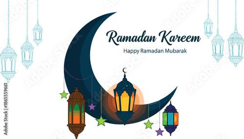 Horizontal Ramadan Kareem banner with large teal crescent moon glowing lanterns and hanging stars on white background.