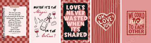Valentine typography prints bundle of 5, romantic love quotes and playful illustrations. Retro pink vector wall art set for modern decor