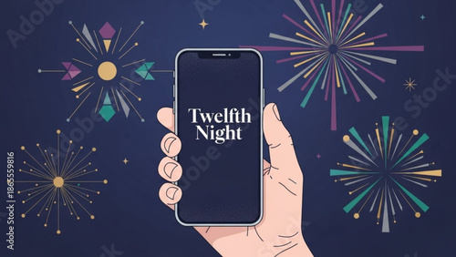 Hand holding smartphone with twelfth night text on screen, colorful fireworks exploding in dark blue background, festive