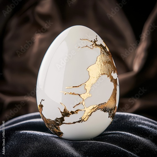 An exquisite close-up of an isolated Easter egg adorned with gold foil, resting gracefully on a plush dark velvet surface that accentuates its metallic luster, perfect for highlighting luxury and