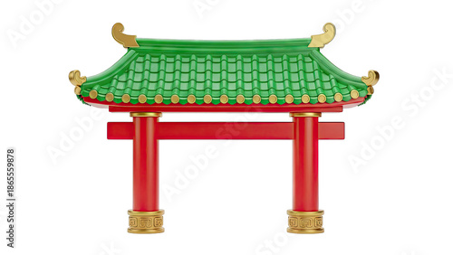 Stylized Torii Gate with Green Tiled Roof and Red Pillars