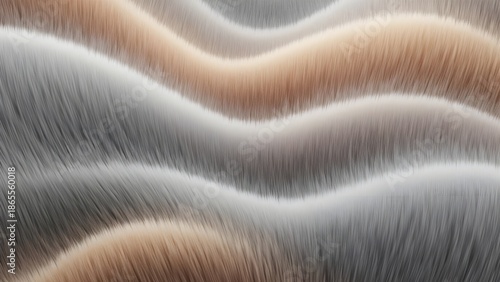 An abstract digital artwork featuring flowing, undulating layers of fuzzy, hair-like texture in muted tones of beige, gray, and brown, creating a smooth, tactile visual rhythm against a seamless