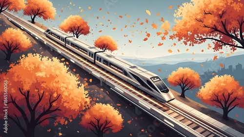 digital illustration depicting a sleek white high-speed train gliding along elevated tracks, surrounded by fiery orange autumn trees with falling leaves, set against a soft blue-hued distant landscape
