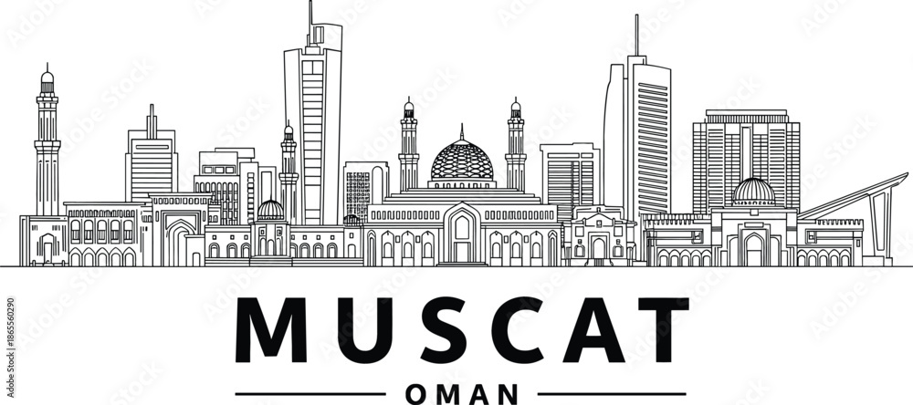 Fototapeta premium Muscat Oman city skyline vector illustration featuring grand mosque architecture and modern buildings in clean black line art.