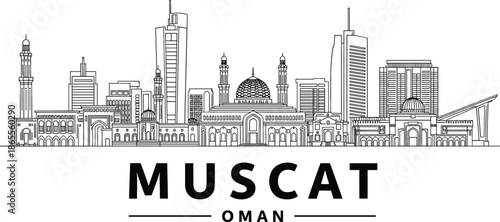 Muscat Oman city skyline vector illustration featuring grand mosque architecture and modern buildings in clean black line art.