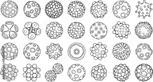 Microbiology Black and White Line Art Vector Set: Abstract Viruses, Bacteria, Cells, Pathogens, and Microorganisms for Medical, Science, and Biology Concepts.
