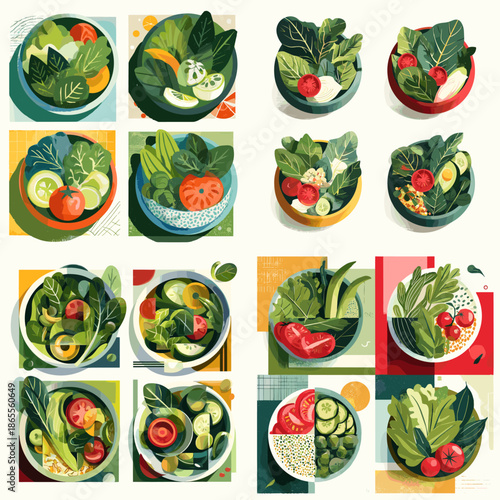 Colorful illustration set of fresh vegetable salads in bowls with healthy ingredients perfect for nutrition concepts food blogs menus wellness and plant based lifestyle visuals
