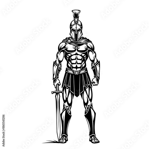 A powerful, muscular warrior in full ancient Roman armor holding a sword.