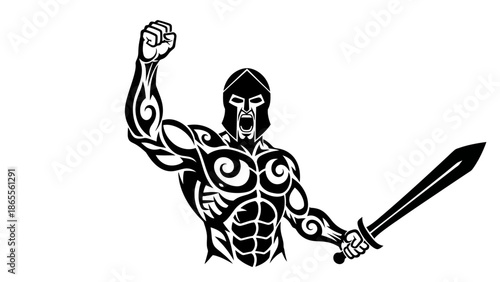 A powerful warrior with a sword and raised fist, adorned with tribal tattoos, symbolizing strength and victory.
