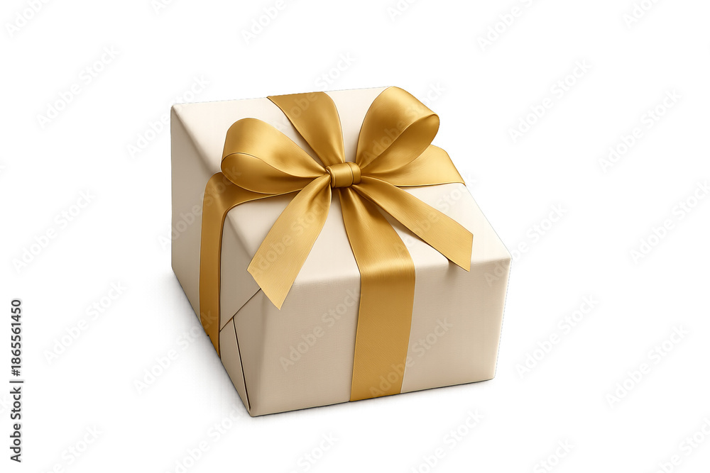 Fototapeta premium Elegant White Gift Box with Gold Ribbon on Black Background