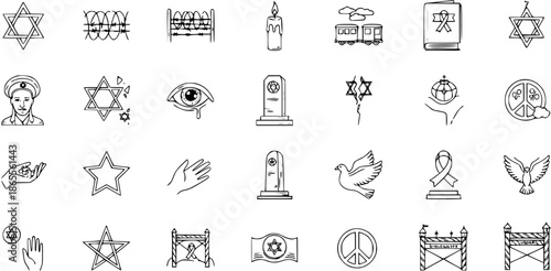 Hand Drawn Judaism, Holocaust Remembrance, and Peace Symbols Line Art Icons Set - Outline Memorial Doodles for History and Human Rights