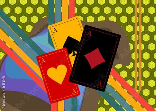 Retro 70s Background with Poker Playing Card. Groovy poker 1970s art template. Minimalistic Vintage design poster. Old-fashioned color artwork.