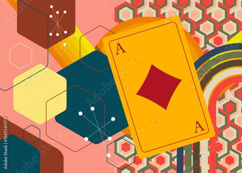 Retro 70s Background with Poker Playing Card. Groovy poker 1970s art template. Minimalistic Vintage design poster. Old-fashioned color artwork.