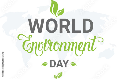 World Environment Day Banner with Green Leaves and World Map Backdrop for Global Awareness