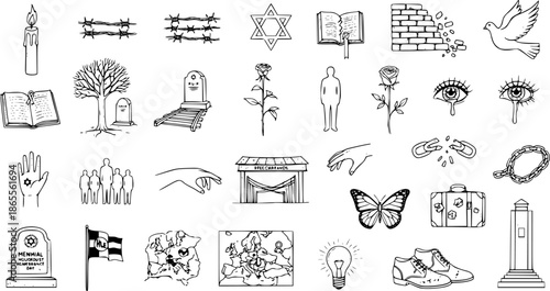 Holocaust Remembrance Hand-Drawn Line Art Icon Set. Black  White Sketch Symbols for History, Education, Human Rights, and Memorial Design, featuring Barbed Wire, Star of David, Graves, and Dove.