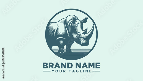 A logo illustration featuring a rhinoceros in a circle with brand name and tagline on a light green background.