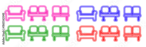 A collection of colorful neon icon sets featuring single and double seating sofas and chairs for waiting rooms, lobbies, or modern interior design concepts isolated on a transparent background.