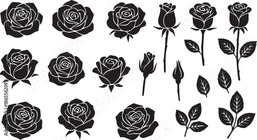 Set of 18 Black Rose Flower Silhouettes Vector
