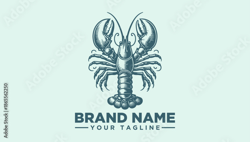 A teal-colored vector illustration of a lobster with a brand name and tagline on a light green background, featuring a logo and icon design.