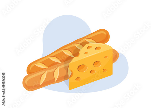 Wedge of Swiss Cheese and Fresh French Baguette Stock Illustration