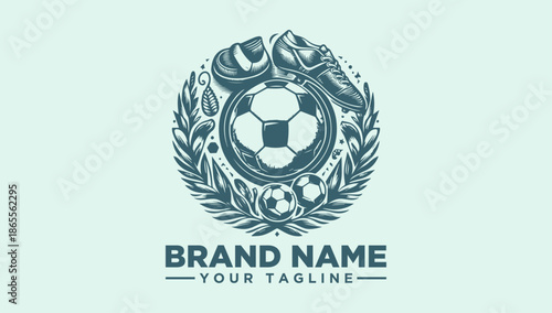 A teal-colored logo featuring a soccer ball surrounded by laurel leaves and sports equipment on a light teal background with a brand name and tagline placeholder in a modern illustration