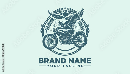 A customizable logo illustration featuring a winged motorcyclist on a teal background with a circular design and placeholder text for brand name and tagline.