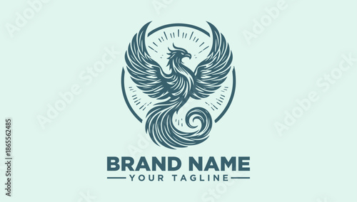 A teal-colored illustration of a phoenix bird in a circular logo with placeholder text for brand name and tagline on a light green background.