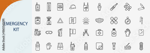 complete emergency survival kit items, flat minimal vector icon set