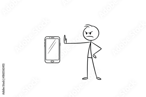 Angry stick line art person expressing frustration with using a mobile phone. vector art