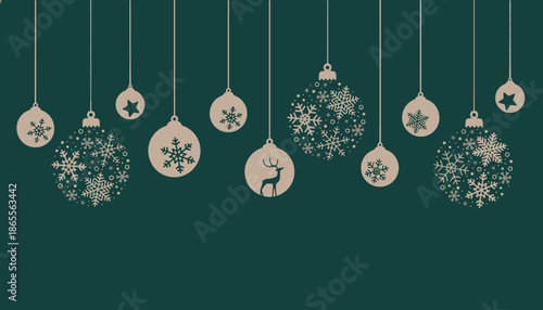 Minimalist Christmas Banner with Hanging Cream Ornaments and Reindeer Silhouette on Dark Green Background - Horizontal Copy Space for Holiday Greeting