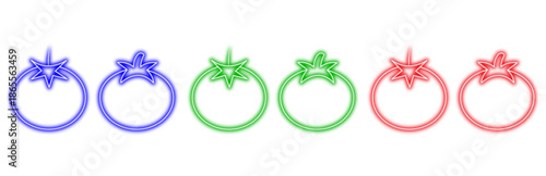 A vibrant set of glowing colorful neon tomato icons in blue, green, and red, digitally rendered and isolated on transparent background, perfect for modern design and food concepts.