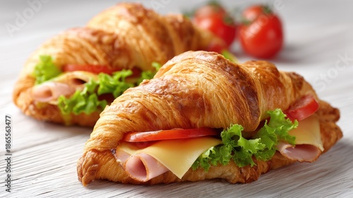 Wallpaper Mural Two ham and cheese croissant sandwiches with lettuce and tomato on a textured white surface Torontodigital.ca