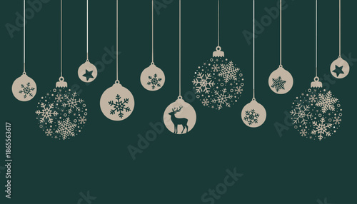 Elegant Hanging Christmas Ornaments with Reindeer and Snowflake Patterns on Dark Green Background - Festive Minimalist Banner with Copy Space