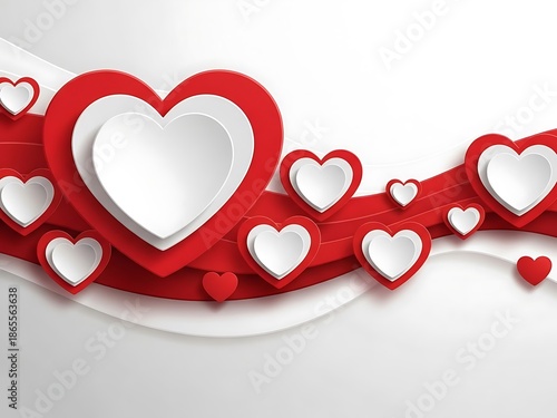 Beautiful red and white layered hearts flowing on red ribbon background for valentines day