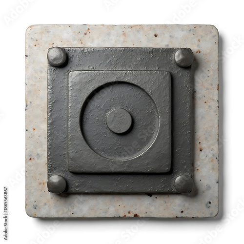 Square Metal Button on Worn Plate
