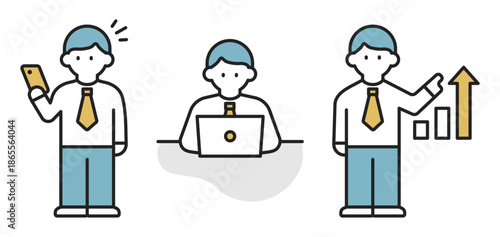 仕事をする男性のビジネスアイコンセット（線幅変更可能・カラー）	