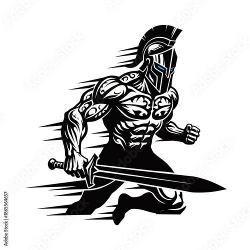 Stylized black and white graphic of a muscular Spartan warrior running with a sword, featuring blue eyes on the helmet.