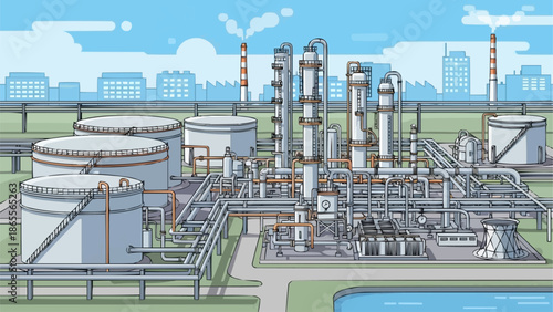 Industrial Oil Refinery Plant with Storage Tanks and Pipelines.