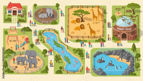 Zoo map with various animal enclosures and visitors enjoying attractions.