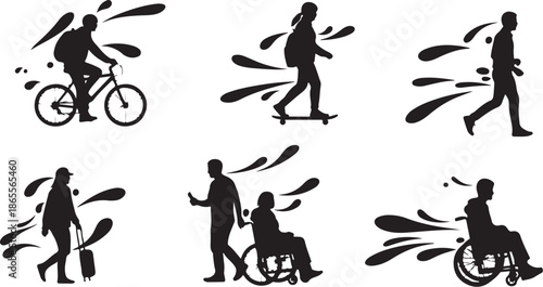 Diverse people in motion with dynamic silhouettes and speed lines