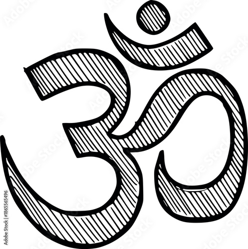 vector illustration of a hand-drawn om symbol. designed with black fill, no strokes or white color, simulating outlines and artisanal hatching. ideal for yoga and meditation